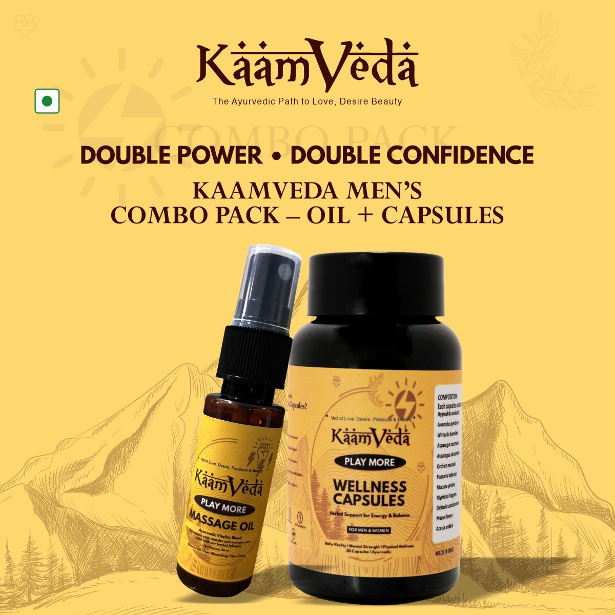 KaamVeda Wedding Nights Kit (Oil + Capsule + Shilajit for First - Night Confidence) - KaamVeda