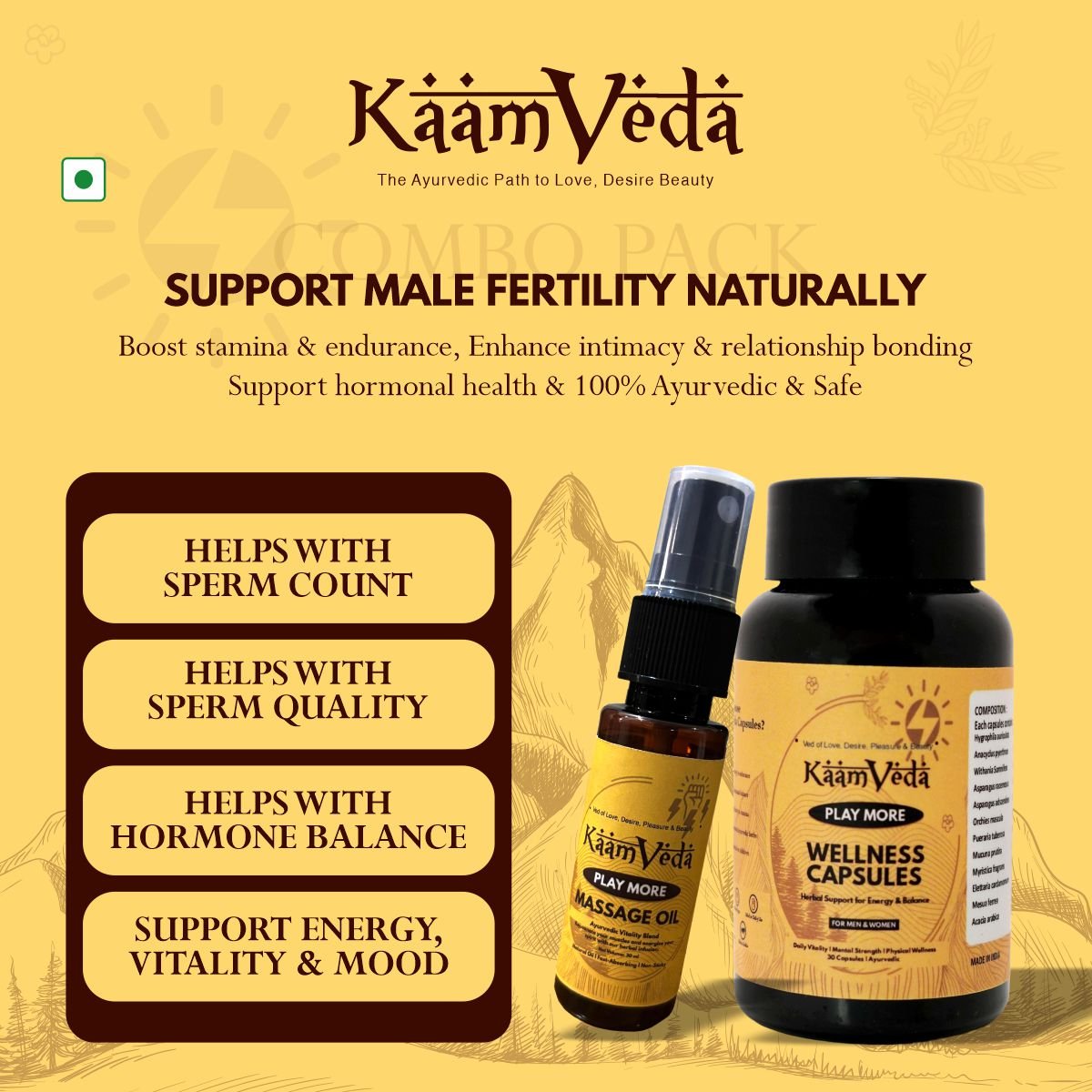 KaamVeda Wedding Nights Kit (Oil + Capsule + Shilajit for First - Night Confidence) - KaamVeda