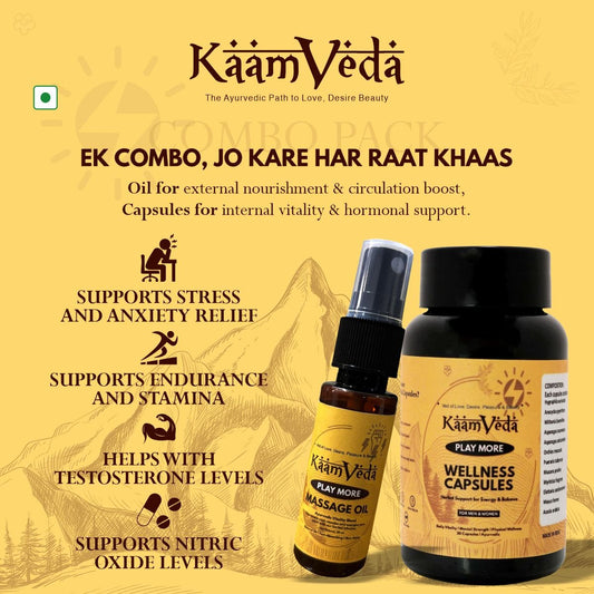 KaamVeda Wedding Nights Kit (Oil + Capsule + Shilajit for First - Night Confidence) - KaamVeda