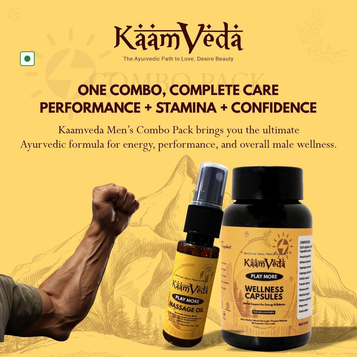 KaamVeda Wedding Nights Kit (Oil + Capsule + Shilajit for First - Night Confidence) - KaamVeda
